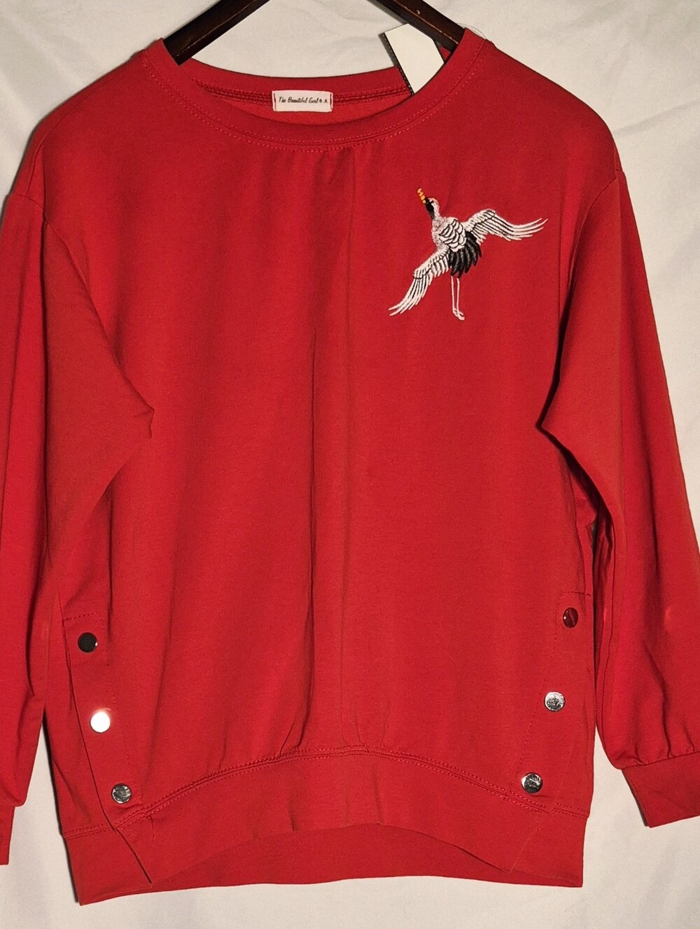 Red Embroidered Crane Crewneck Sweater